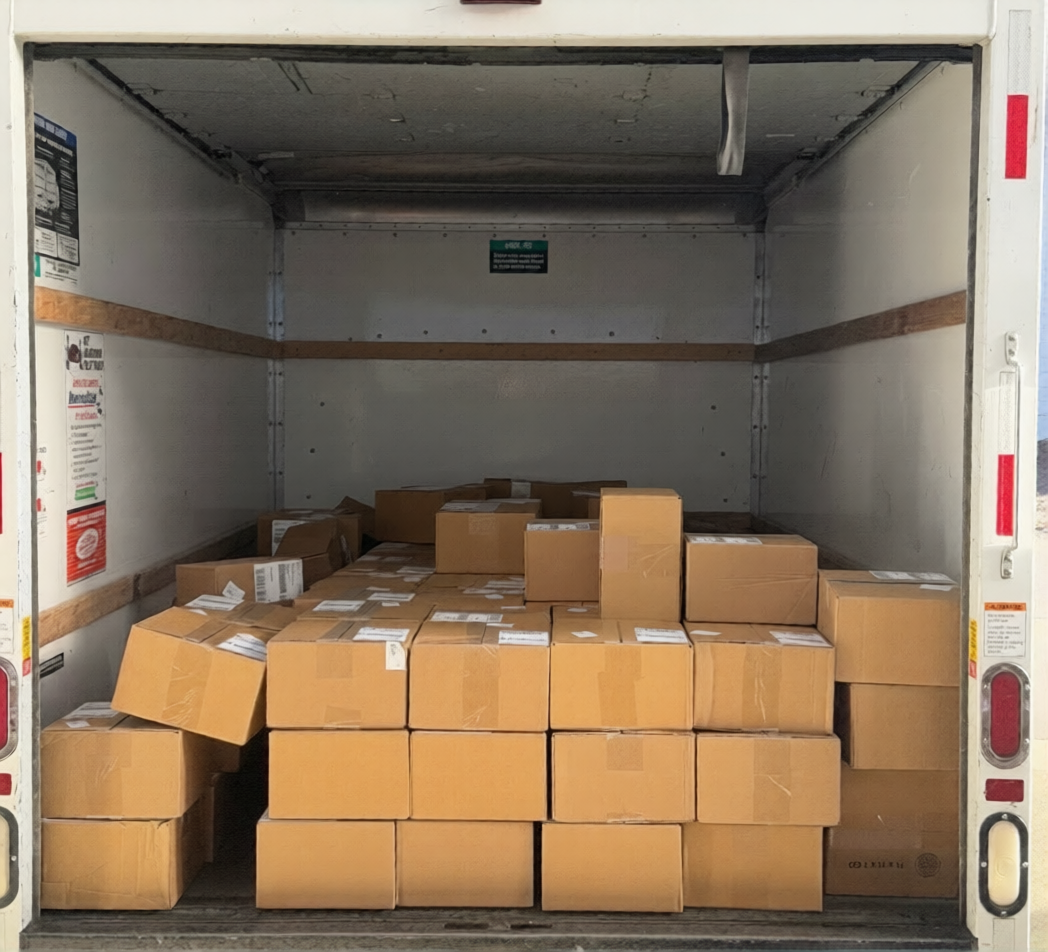 Boxes stacked with hand truck